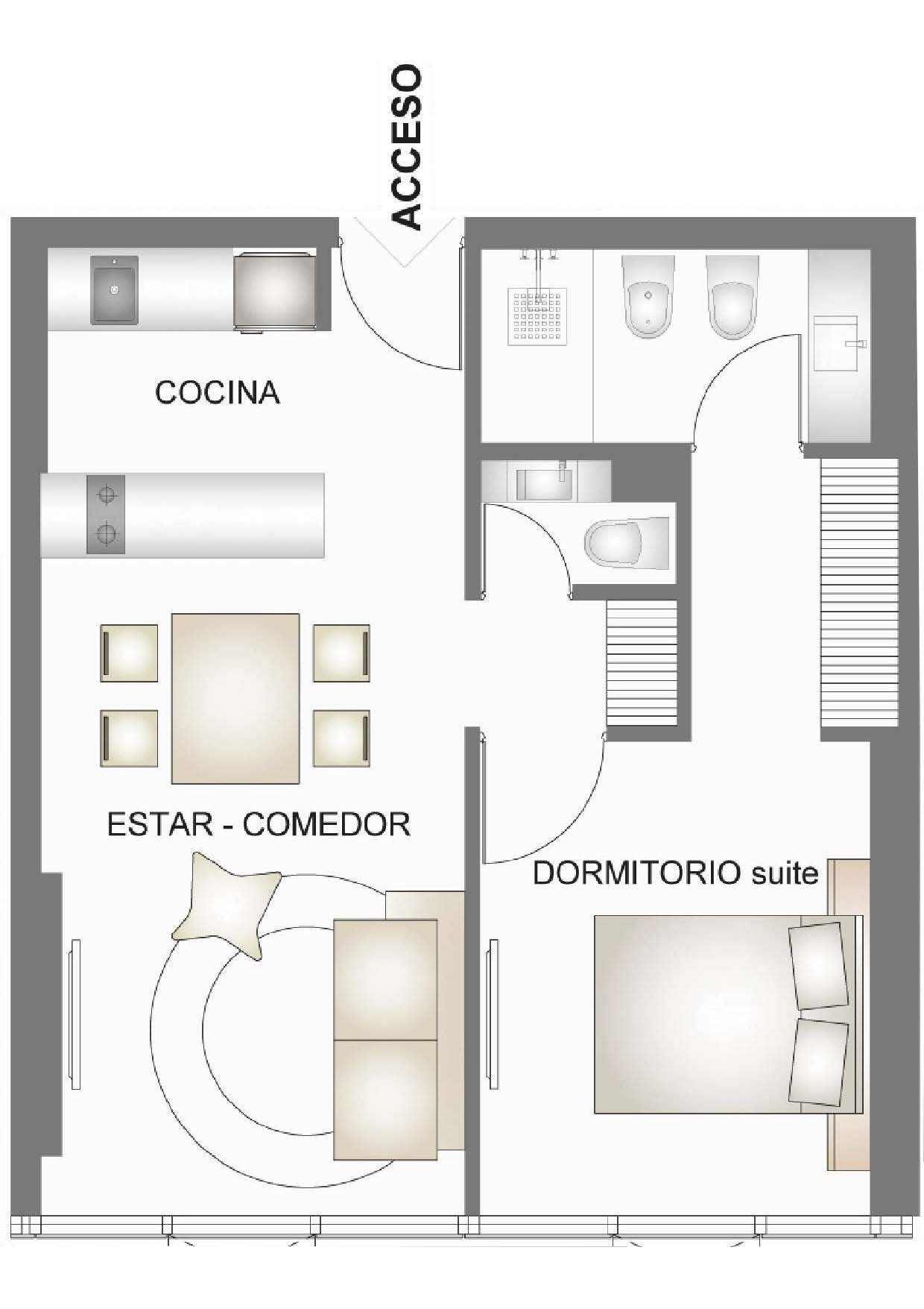 Plano de 1 dormitorio, tipología B y C